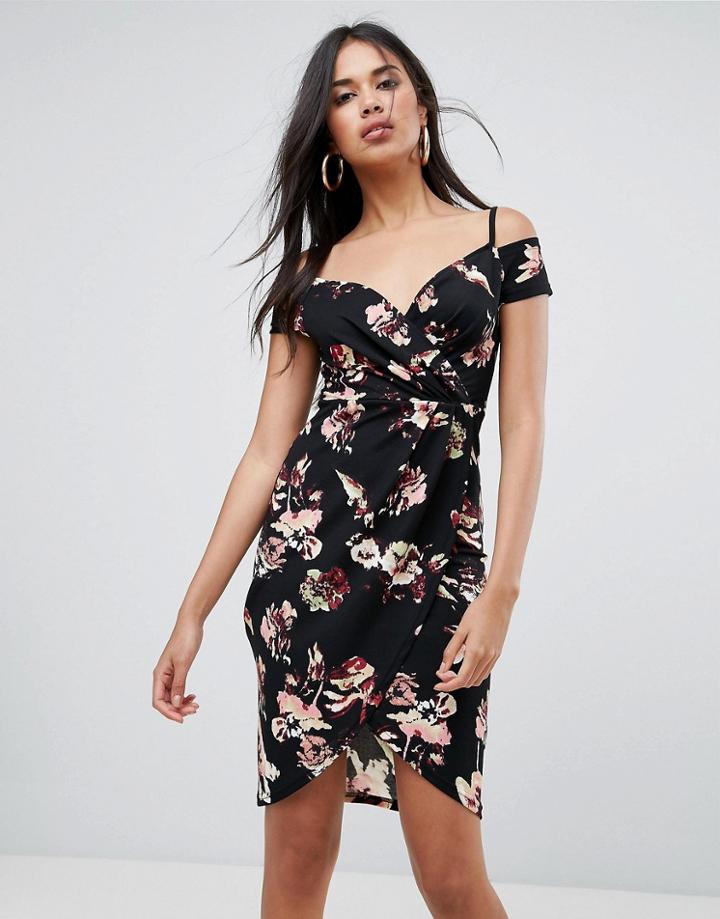 Ax Paris Floral Wrap Front Midi Dress - Black