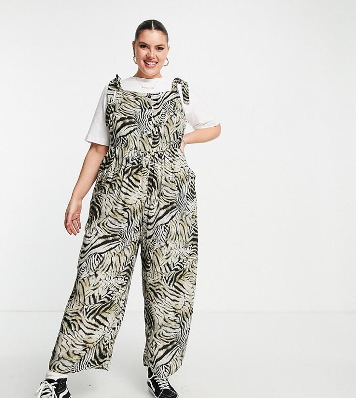 Asos Design Curve Spun Tie Shoulder Button Front Overalls In Animal Print-multi