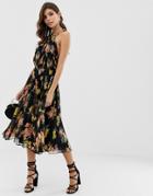 Asos Design Pleated Bodice Halter Midi Dress In Floral Print-multi