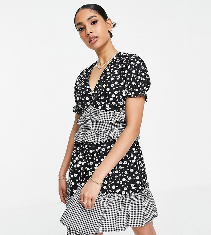Influence Petite Frill Detail Mini Dress In Mixed Floral Print-multi