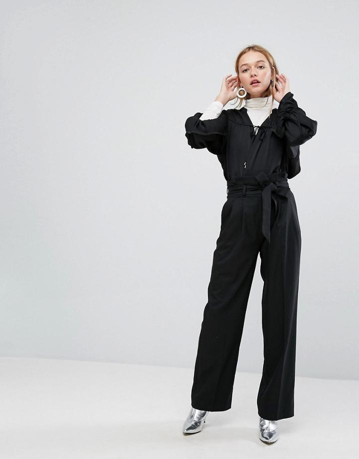 Monki Tie Waist Wide Leg Pants - Black