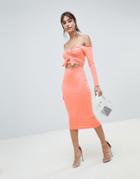 Asos Design Bow Front Cut Out Midi Dress - Orange