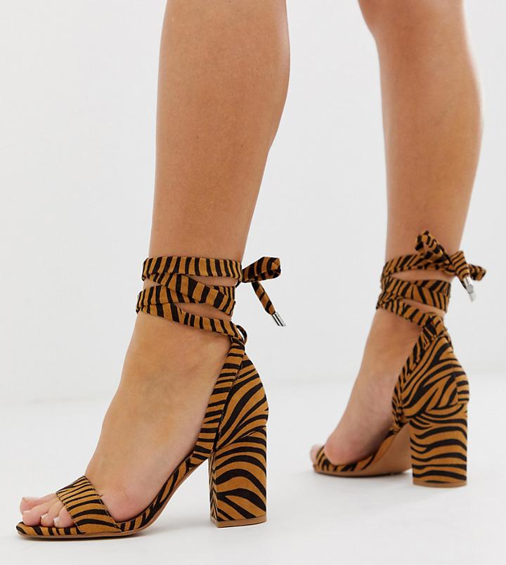 Asos Design Wide Fit Howling Tie Leg Block Heeled Sandals In Tiger. - Multi