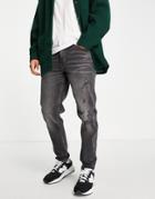 Asos Design Organic Cotton Blend Tapered Jeans In Washed Black With Abrasions