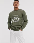 Asos Design Sweatshirt With Crown Print In Khaki-green
