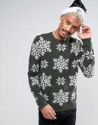 Asos Lambswool Rich Sweater With Snowflakes - Green