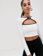 Asos Design Cut Out Front Crop Top With Clip And Contrast Binding In White