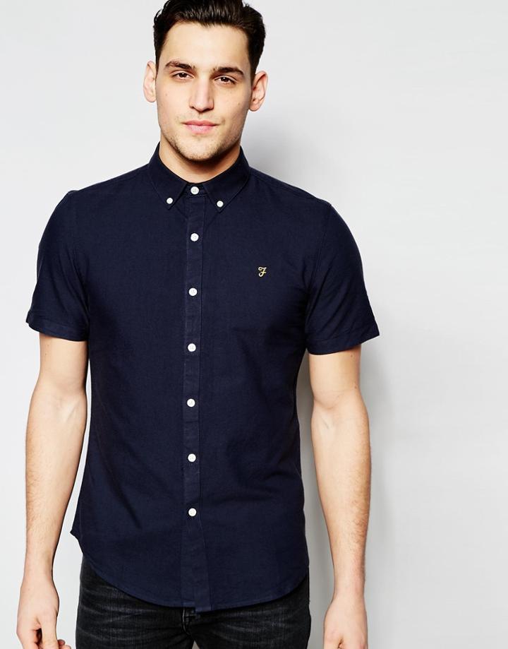 Farah Oxford Shirt In Slim Fit Short Sleeves - Navy