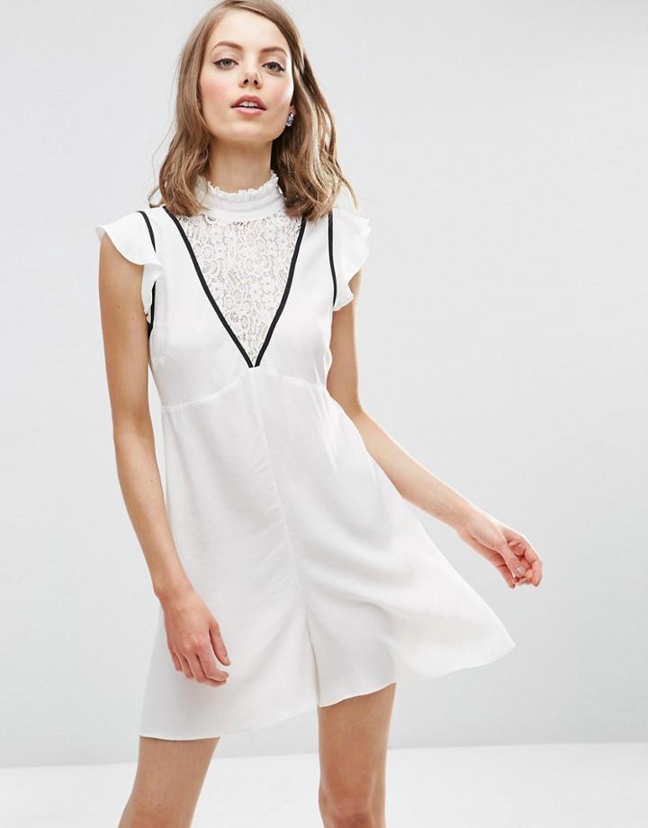Asos High Neck Lace Insert Romper - Cream