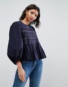 Asos Pleat Detail Top With Contrast Stitching - Navy