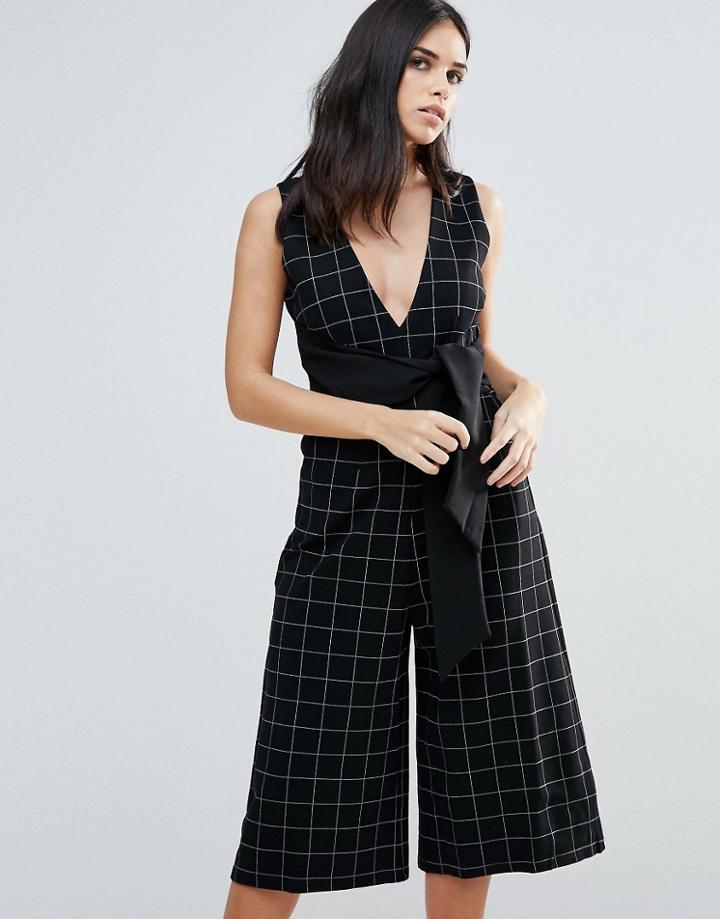 Adelyn Rae Plaid V-neck Jumpsuit W/ Tie Front - Black