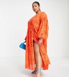 Asos Edition Curve Wrap Smock Eyelet Midi Dress In Tomato Red