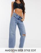 Asos Design Authentic Dad Jean With Knee Rip In Mid Vintage Wash - Blue
