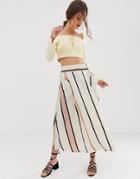 Asos Design Midi Skirt With Pockets And D-ring Belt In Natural Stripe Print-multi