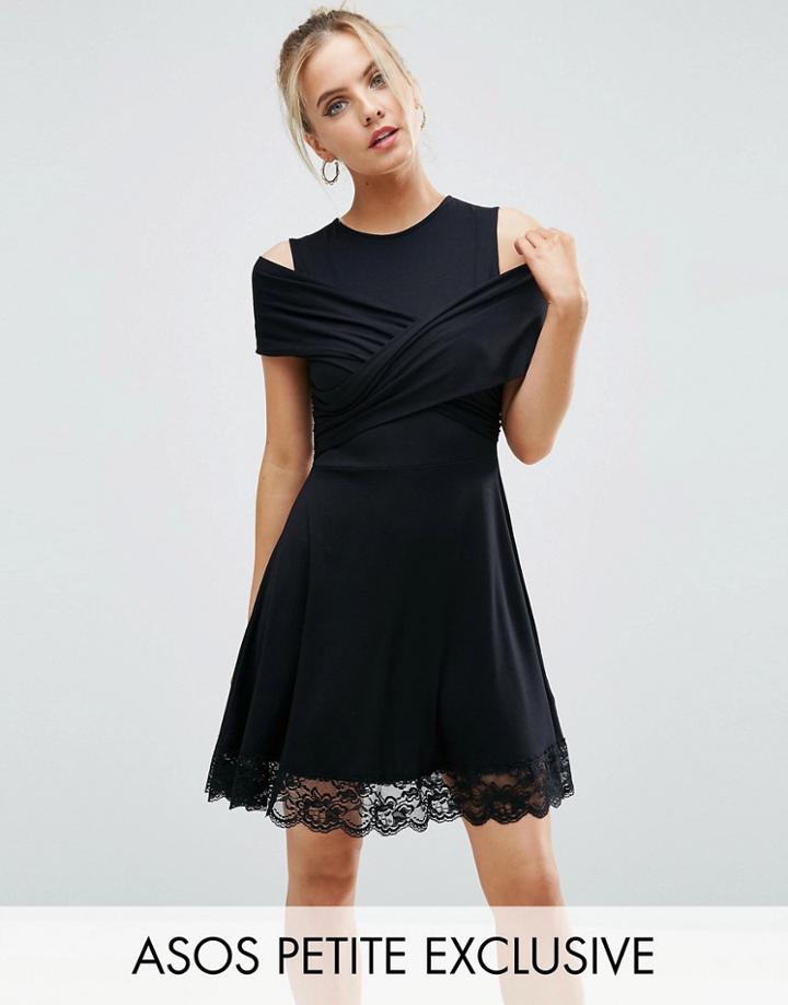Asos Petite Lace Hem Wrap Front Detail Mini Dress - Black