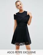 Asos Petite Lace Hem Wrap Front Detail Mini Dress - Black