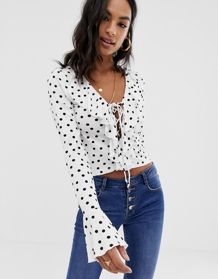Asos Design Ruffle Front Lace Up Top In Polka Dot - Multi