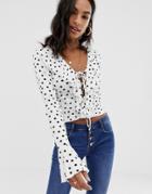Asos Design Ruffle Front Lace Up Top In Polka Dot - Multi