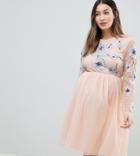 Asos Design Maternity Pastel Embroidered Tulle Mini Dress-pink