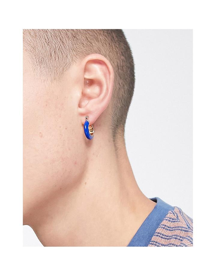 Asos Design Hoop Earring With Blue Enamel In Gold Tone