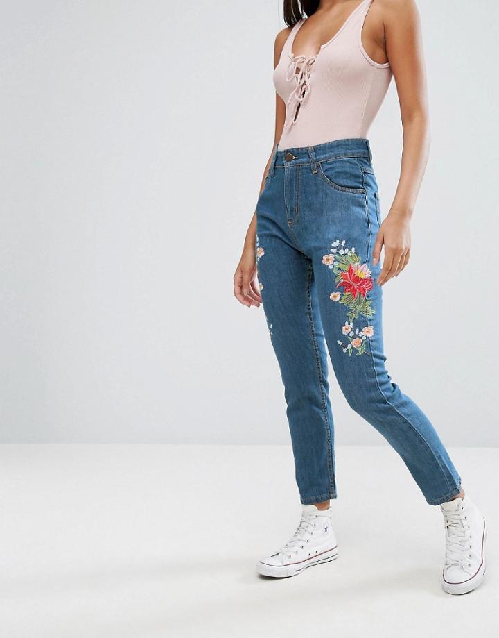 Prettylittlething Embroidered Denim Jeans - Blue