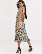 Pretty Lavish Backless Midi Dress In Animal Print With Ruffle Detail - Stone