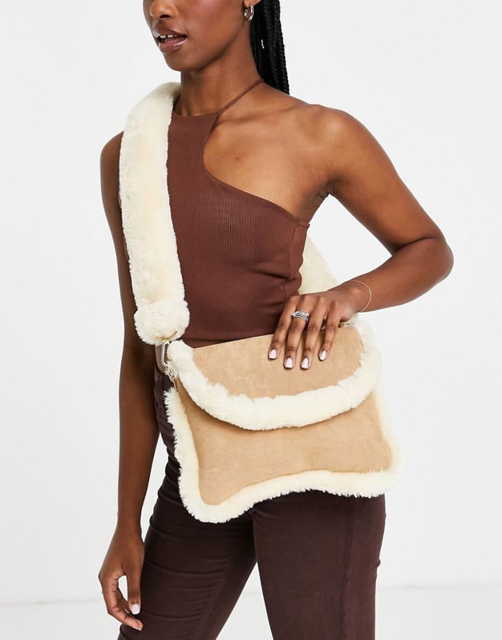 Asos Design Cross Body Messenger Bag In Faux Shearling-neutral