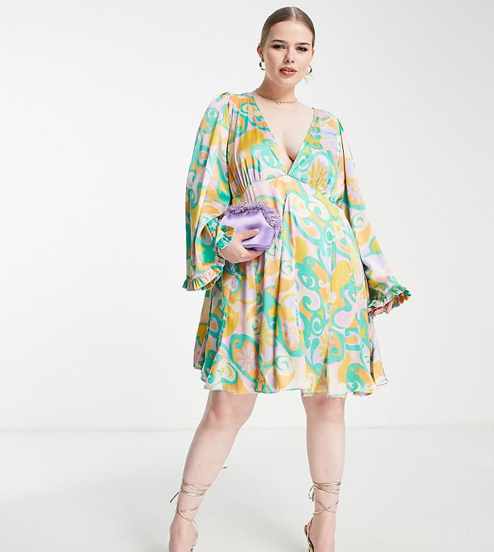Asos Design Curve Mini Smock Dress With Godets And Flared Sleeves In Bright Abstract Floral-multi