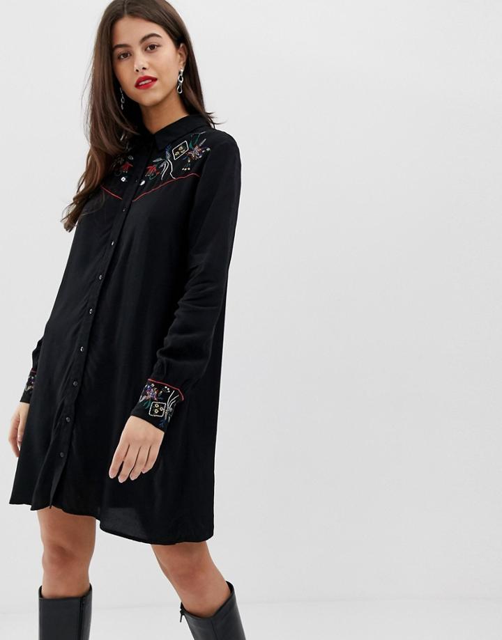 Vila Western Embroidered Shirt Dress - Black