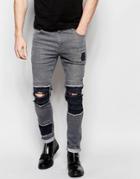 Asos Super Skinny Jeans With Mega Rip And Repair In Mid Gray - Mid Gray
