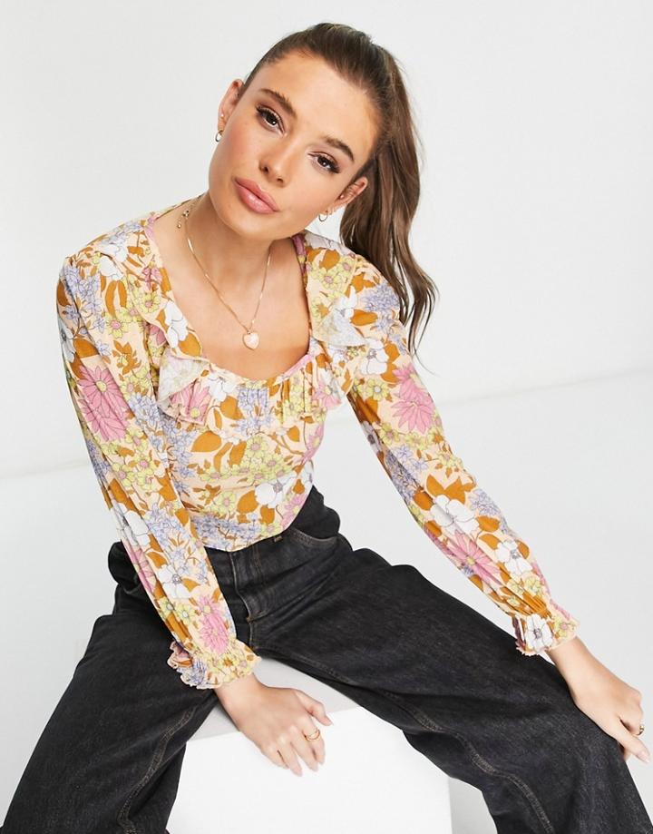 Miss Selfridge Long Sleeve Square Neck Frill Top-multi