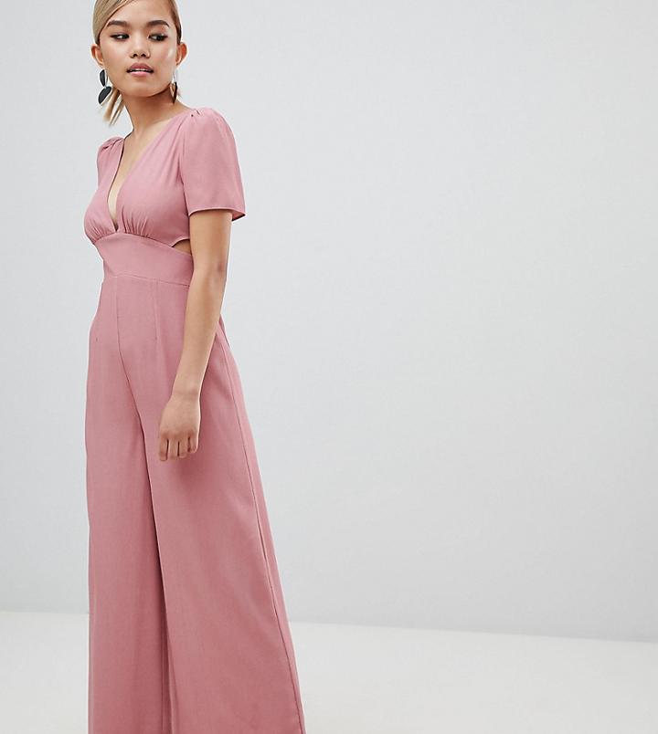 Asos Design Petite Tea Jumpsuit With Cut Out And Wide Leg - Pink