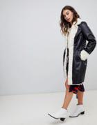 Lost Ink Longline Jacket With Faux Shearling Trim - Black