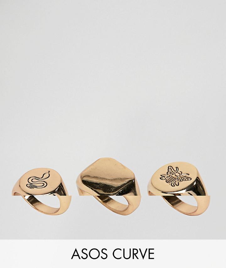 Asos Design Curve Pack Of 3 Engraved Bee And Snake Signet Rings - Gold