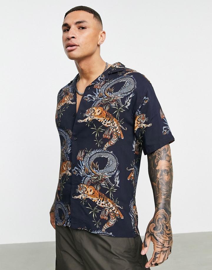 Pull & Bear Shirt With Tiger Print In Black