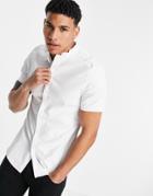 Asos Design Wedding Slim Short Sleeve Sateen Shirt With Mandarin Collar In White