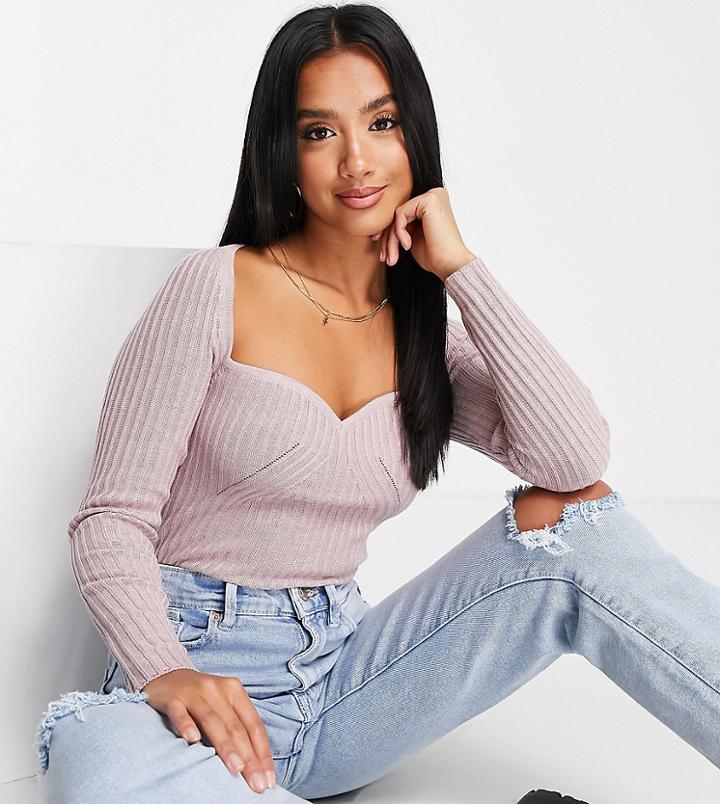 Asos Design Petite Sweater In Rib With Sweetheart Neck In Pink