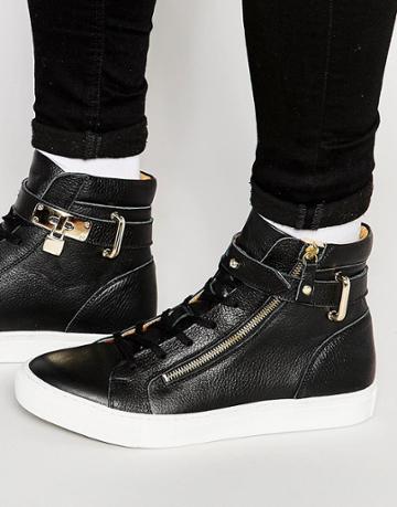 Walk London Hi-top Leather Sneakers - Black