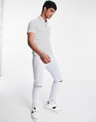 Abercrombie & Fitch Small Logo Stripe Air Knit Polo In White/navy