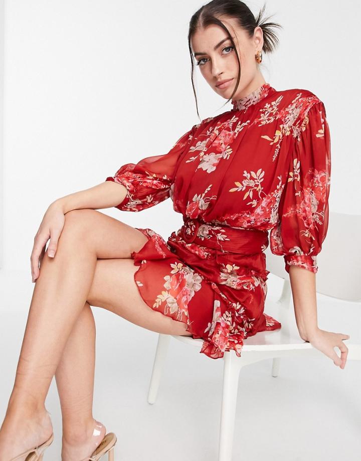 Asos Design High Neck Mini Dress With Ruffle Detail And Belt In Red Floral-multi