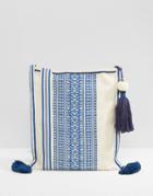 Star Mela Crossbody Bag In Off White With Blue Embroidery & Tassel - Multi