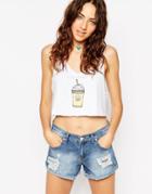 Asos Cropped Tank With Coffee Cup Print - White
