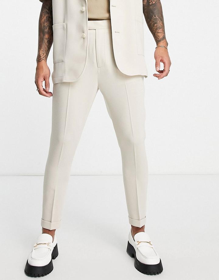 Asos Design Tapered Suit Pants In Beige Waffle-neutral