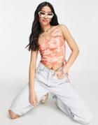 Asos Design One Shoulder Cami With Lace Up Side In Sunflower Print-multi