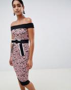 Vesper Contrast Lace Pencil Dress With Bow Detail - Pink