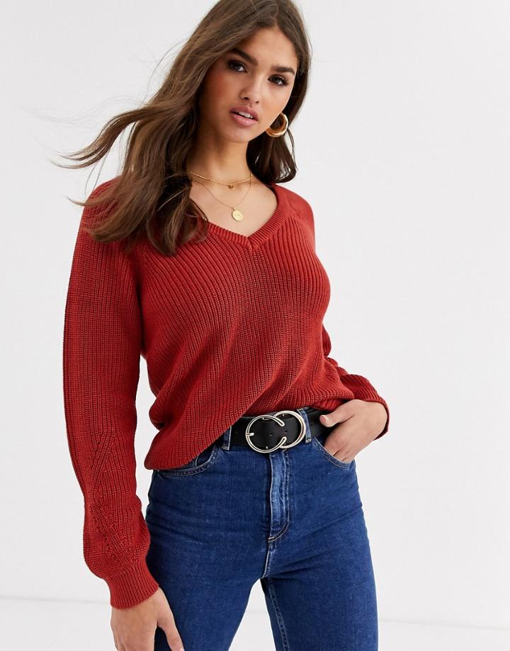 Vila Chunky Knit V-neck Sweater-red