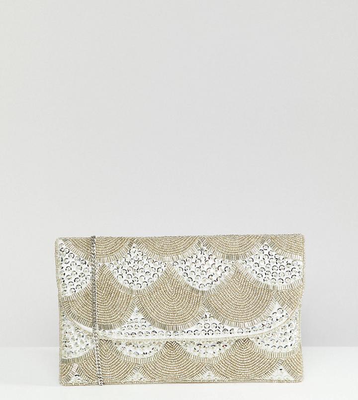 True Decadence Silver Embellished Fold Over Clutch - Silver