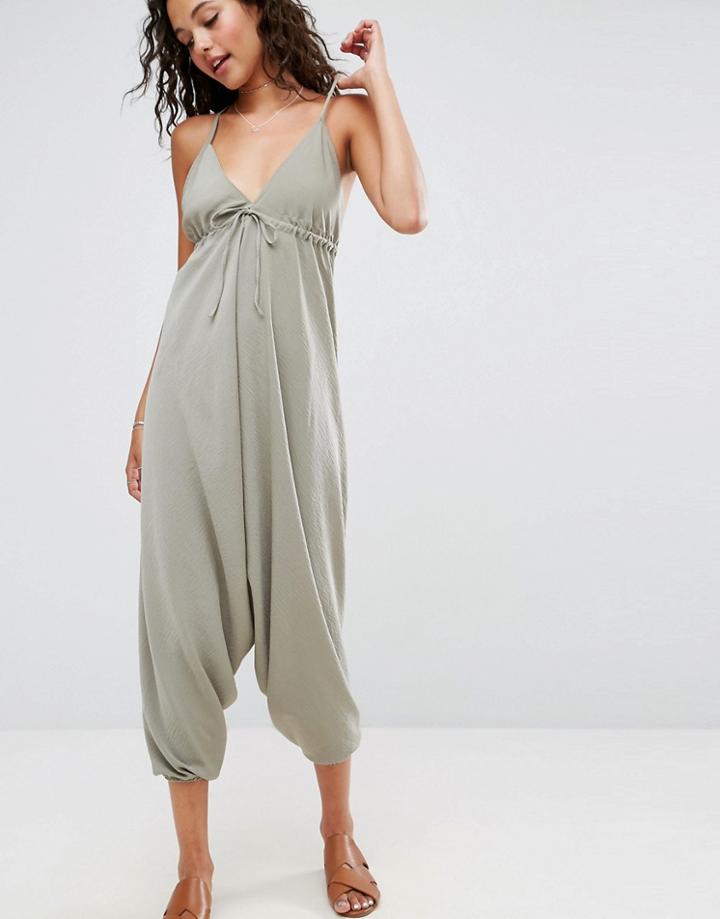 Asos Halterneck Jumpsuit With Drop Crotch - Green