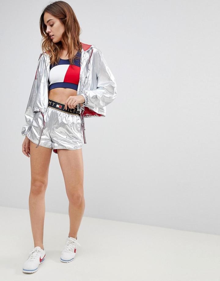 Tommy Hilfiger Logo Waistband Metallic Short - Silver