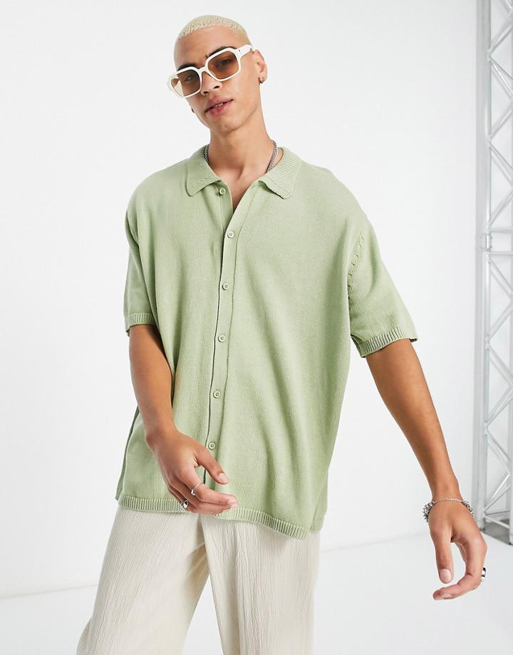 Asos Design Oversized Knitted Button Through Polo In Washed Green